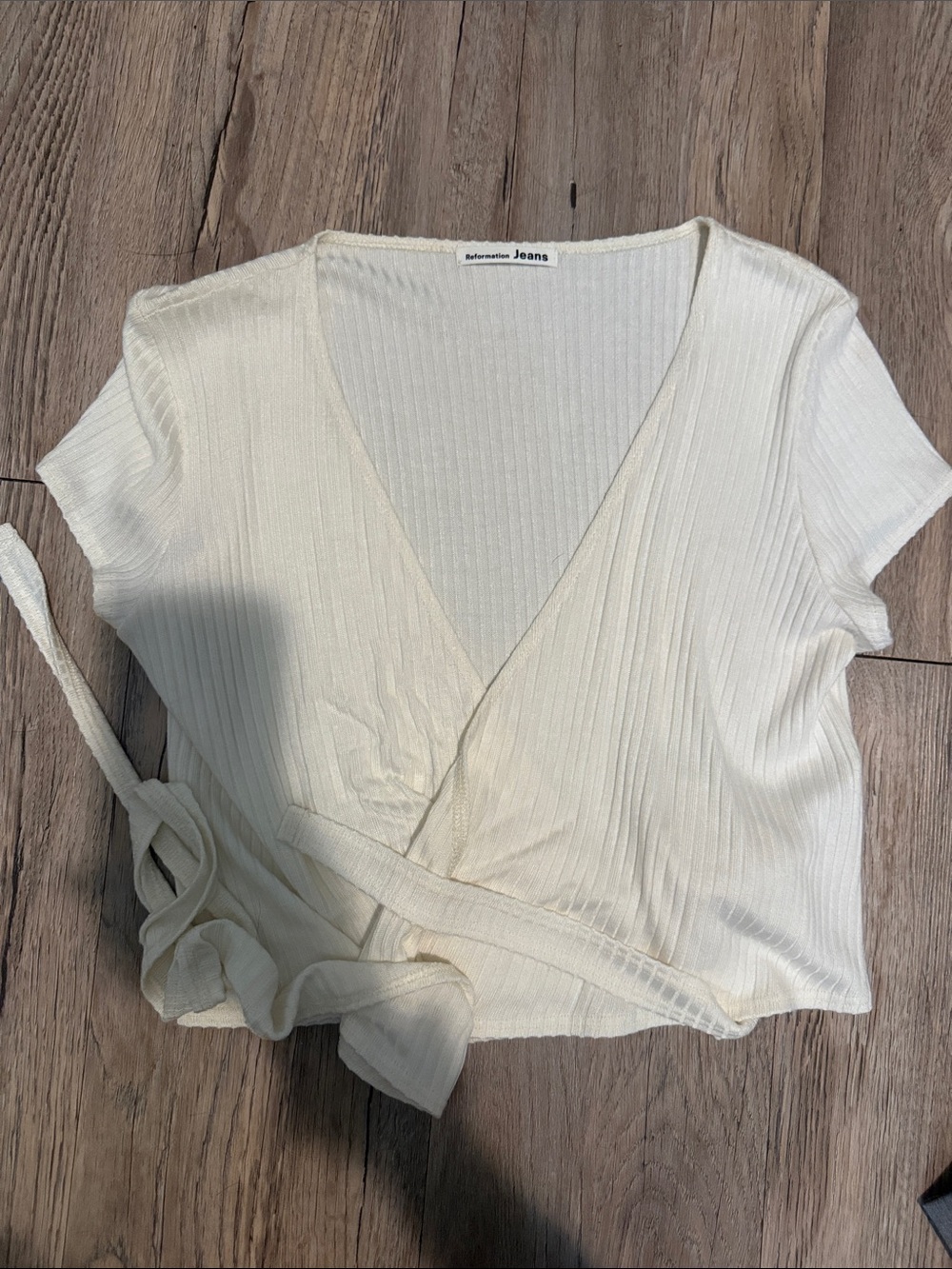 Reformation Cream Ribbed Wrap Crop Top with Tie Waist